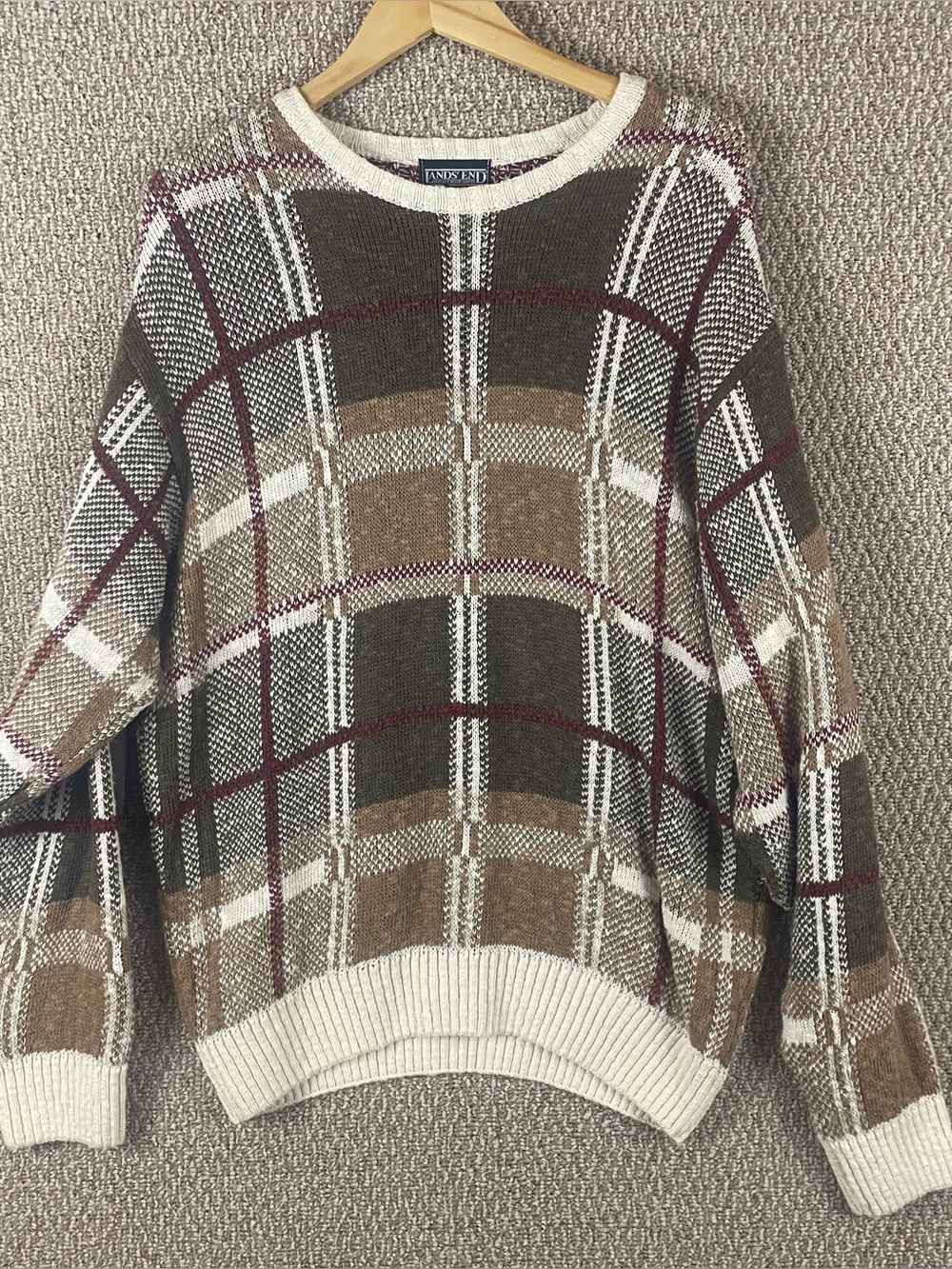 Vintage Land's End Sweater Mens M Scotland Crewneck Plaid Linen Cotton 90s E124